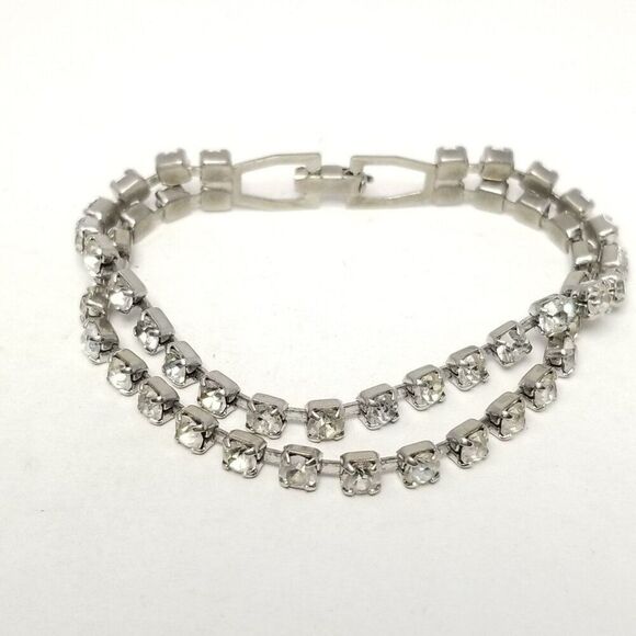 Vintage Two Strand Prong Set Rhinestone Bracelet, Silver Tone Retro Estate - Picture 5 of 5